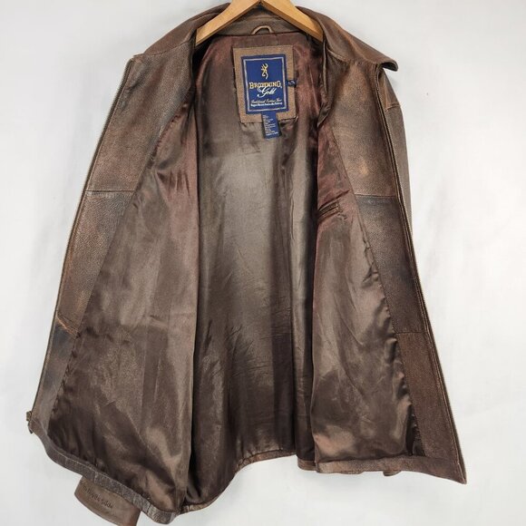 Vtg Browning Gold Brown Leather Jacket Men's XL TG Shoulder Patch Zip Logo - Picture 8 of 16